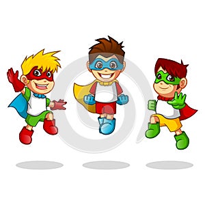 Kid Super Heroes with Jumping Flying Pose Cartoon Character