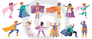 Kid superhero characters set, little child wearing colorful carnival costume of superman