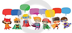 Kid Superheroes wearing comics costumes and speech bubbles