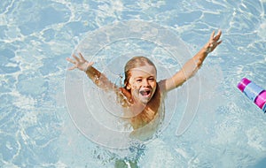 Kid swimming. Children summer vacation. Summertime. Attractions concept. Swimmingpool.