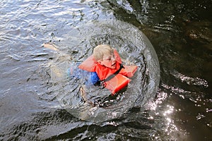 Kid Swimming in Lake Water Looking Distressed and Wearing a Life Vest