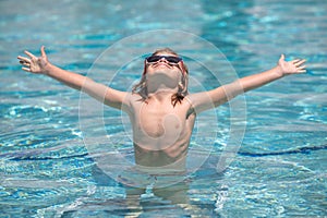 Kid in swimming pool. Activities child on the pool, children swimming and playing in water, happiness kids and