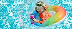 Kid in swimming pool, relax swim on inflatable ring and has fun in water on. Summer kids cocktail party. Banner for