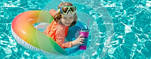 Kid in swimming pool, relax swim on inflatable ring and has fun in water on. Summer kids cocktail party. Banner for