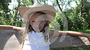 Kid Swinging in Courtyard, Child Playing Outdoor in Nature, Thoughtful Girl Relaxing at Playground, Smiling Blonde Girl Portrait