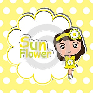 Kid T-shirt background cartoon with cute girl on flower frame polka dot background suitable for girl t-shirt background