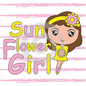 Kid T-shirt background vector cartoon with cute sunflower girl on pink striped background suitable for girl t-shirt background