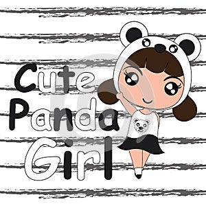 Kid t shirt design cartoon with cute panda girl on black striped background suitable for girl t shirt background