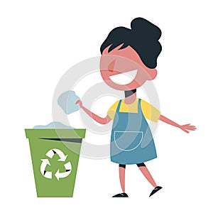 Kid throw garbage in the trash can. Girl character care