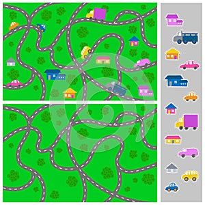 Kid town map - vector city pattern for children and elements for creating a town.