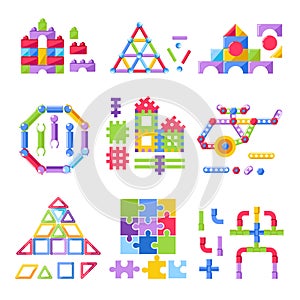 Kid toy constructor building kit for children playthings vector flat icons