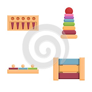 Kid toy icons set cartoon vector. Ecological wooden toy for children