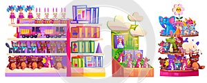 Kid toy shop interior shelf game vector cartoon