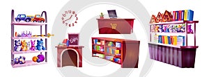 Kid toy store shelf cartoon vector game interior