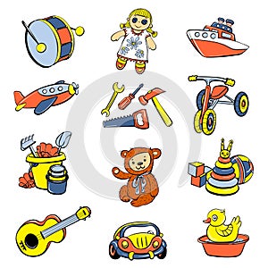 Kid toys children icons set, cartoon style