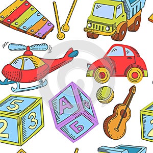 Kid toys and children playthings collection for kindergarten girls and boys seamless pattern.