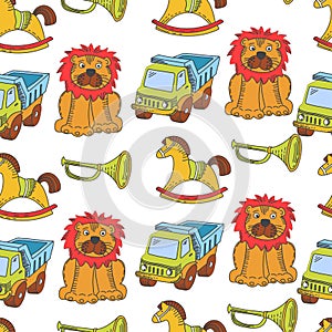 Kid toys and children playthings collection for kindergarten girls and boys seamless pattern.