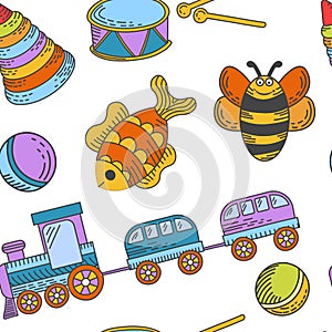 Kid toys and children playthings collection for kindergarten girls and boys seamless pattern.
