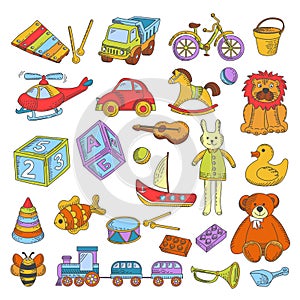 Kid toys or children playthings vector flat icons collection