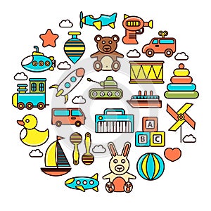 Kid toys or children playthings vector icons poster