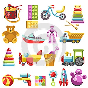 Kid toys or children playthings vector isolated icons