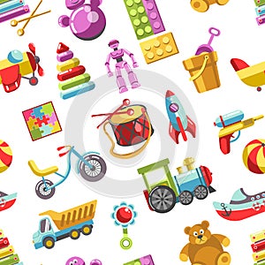 Kid toys vector icons seamless pattern. Children playthings set