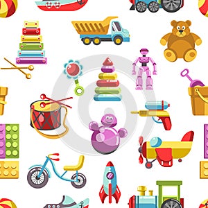 Kid toys vector icons seamless pattern. Children playthings set