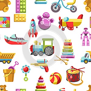 Kid toys vector icons seamless pattern. Children playthings set