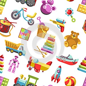 Kid toys vector icons seamless pattern. Children playthings set