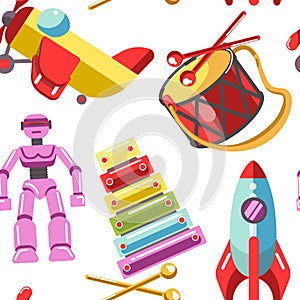 Kid toys vector icons seamless pattern. Children playthings set