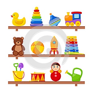 Kid toys on wooden shelves, vector illustration