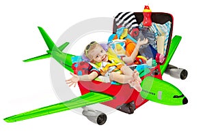 Kid Travel in Suitcase Airplane, Child Flying Luggage Plane