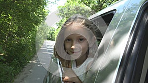 Kid Traveling by Car, Child Face Looking Out the Window, Girl Admiring Nature