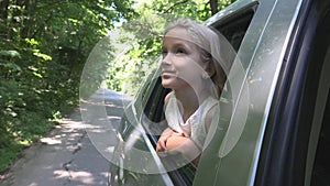 Kid Traveling by Car, Child Face Looking Out the Window, Girl Admiring Nature