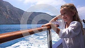 Kid Travelling in Ship, Child in Ferry Boat in Lefkada Island Beach Greece, Girl in Trip Summer Vacation
