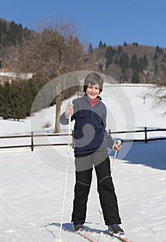 Kid try cross-country skiing