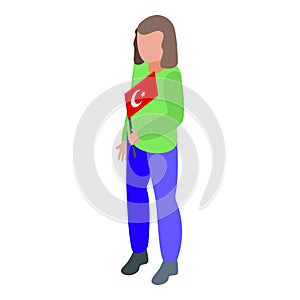 Kid with Turkey flag icon isometric vector. World girl