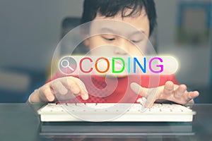 Kid use computer technology search for homework e learning online