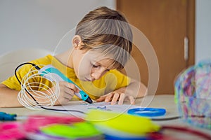 Kid using 3d printing drawing pen. Creative, leisure, technology education concept
