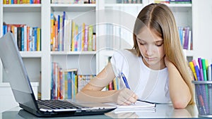 Kid Using Laptop Studying in Video Conferencing, Child Learning, Writing in Library, Blonde Girl Chatting with Teacher, Children H