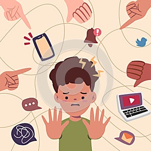 kid using social media likes handphone too much having great possibility to get cyber harrasment bullying vector