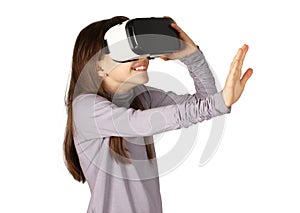 Kid using virtual reality goggle, isolated on white