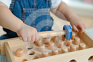 kid using a wooden hammer and peg bench toy