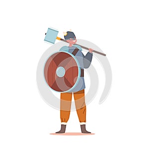 Kid in Viking Suit, Scandinavian Warrior Boy Character Wear Helmet Holding Wooden Shield and Hammer, Nordic Personage