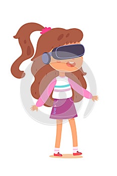 Kid in vr glasses headset play, virtual reality technology vector illustration. Cartoon girl gamer character playing