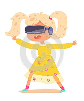 Kid in vr glasses headset play, virtual reality technology vector illustration. Cartoon girl gamer character playing