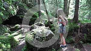 Kid Walking in Forest, Child Hiking at Camping in Mountains Trails, Blonde Girl Playing in Wood Adventure, Summer Trip Vacation