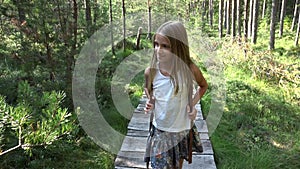 Kid Walking in Forest, Child Hiking at Camping in Mountains Trails, Blonde Girl Playing in Wood Adventure, Summer Trip Vacation