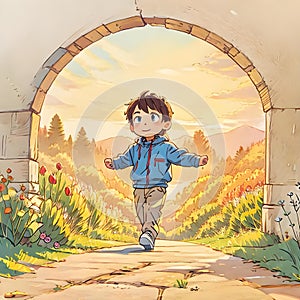 kid walking in path in autumn scene ai generated
