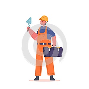 Kid Wear Builder Suit Holding Toolbox and Trowel, Little Boy Character Choose Future Profession and Career, Imagine